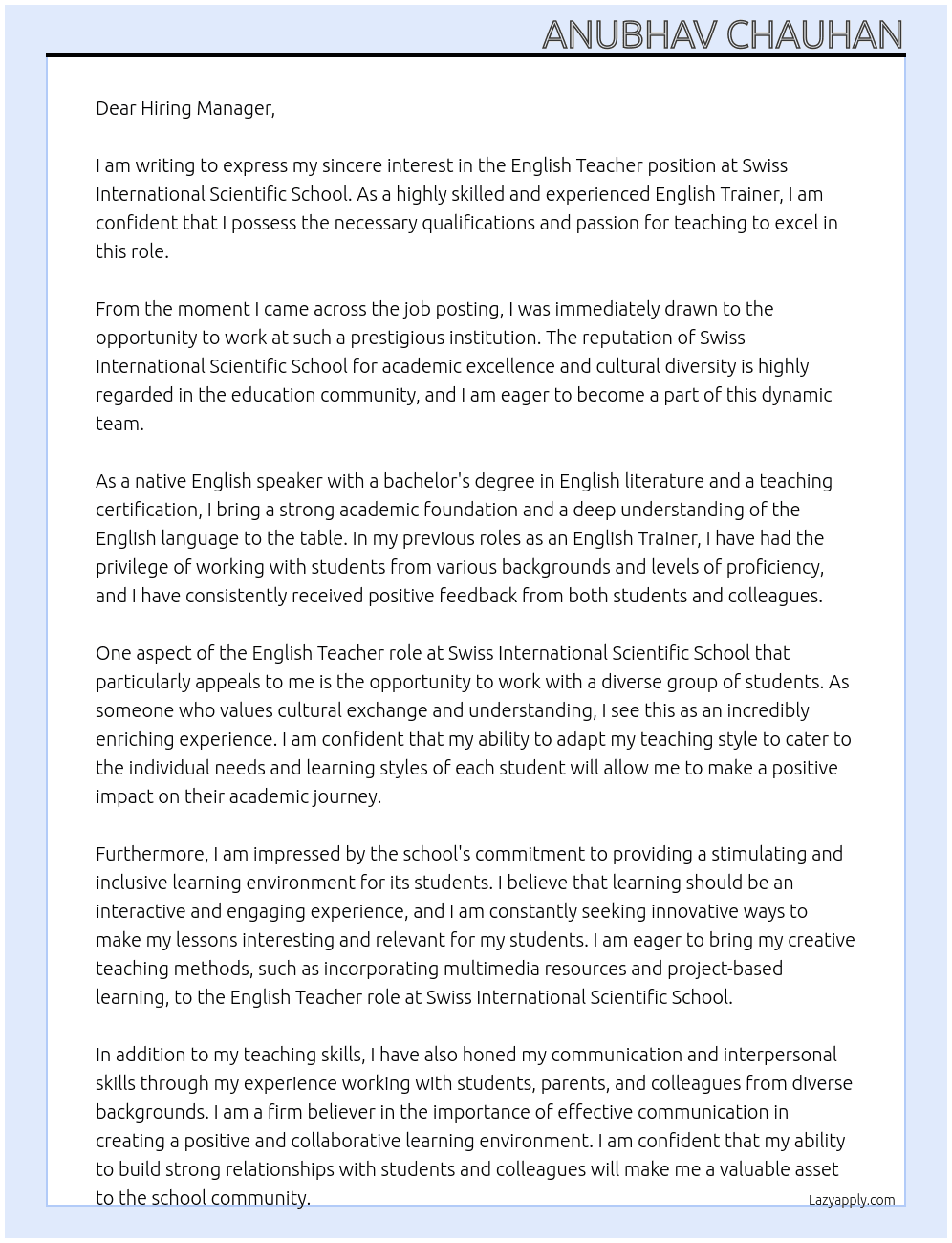 English Teacher At Swiss International Scientific School Cover Letter