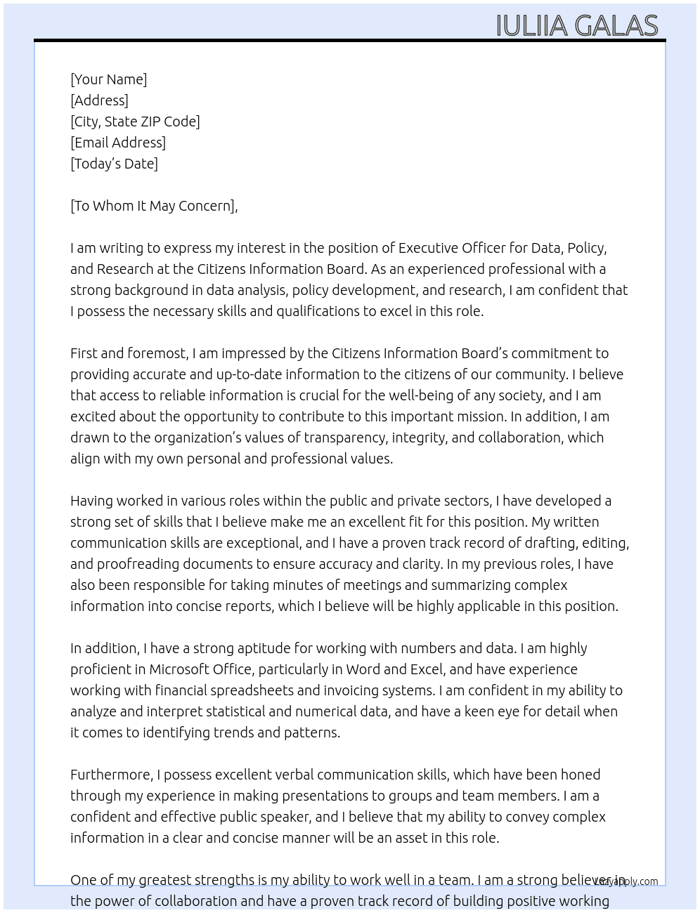Cover letter for executive officer, data, policy, and research - LazyApply