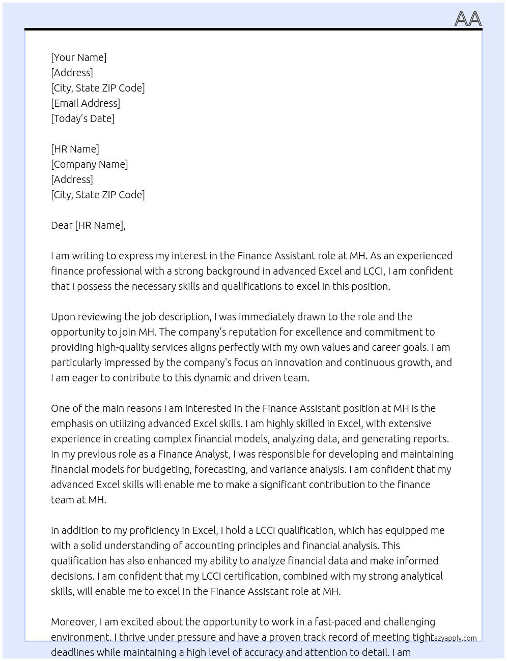 Finance Assistant At MH Cover Letter