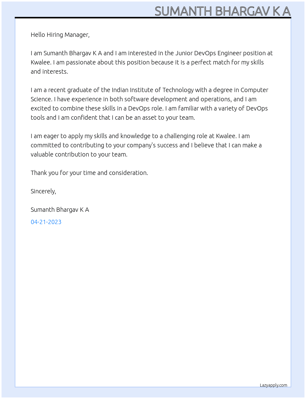 Junior DevOps Engineer At Kwalee Cover Letter