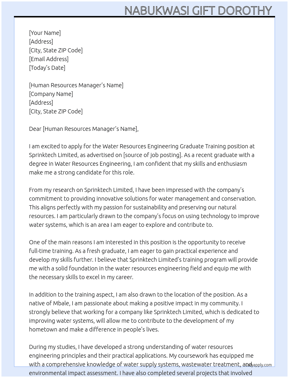 Water resources Engineering graduate training  At Sprinktech limited  Cover Letter