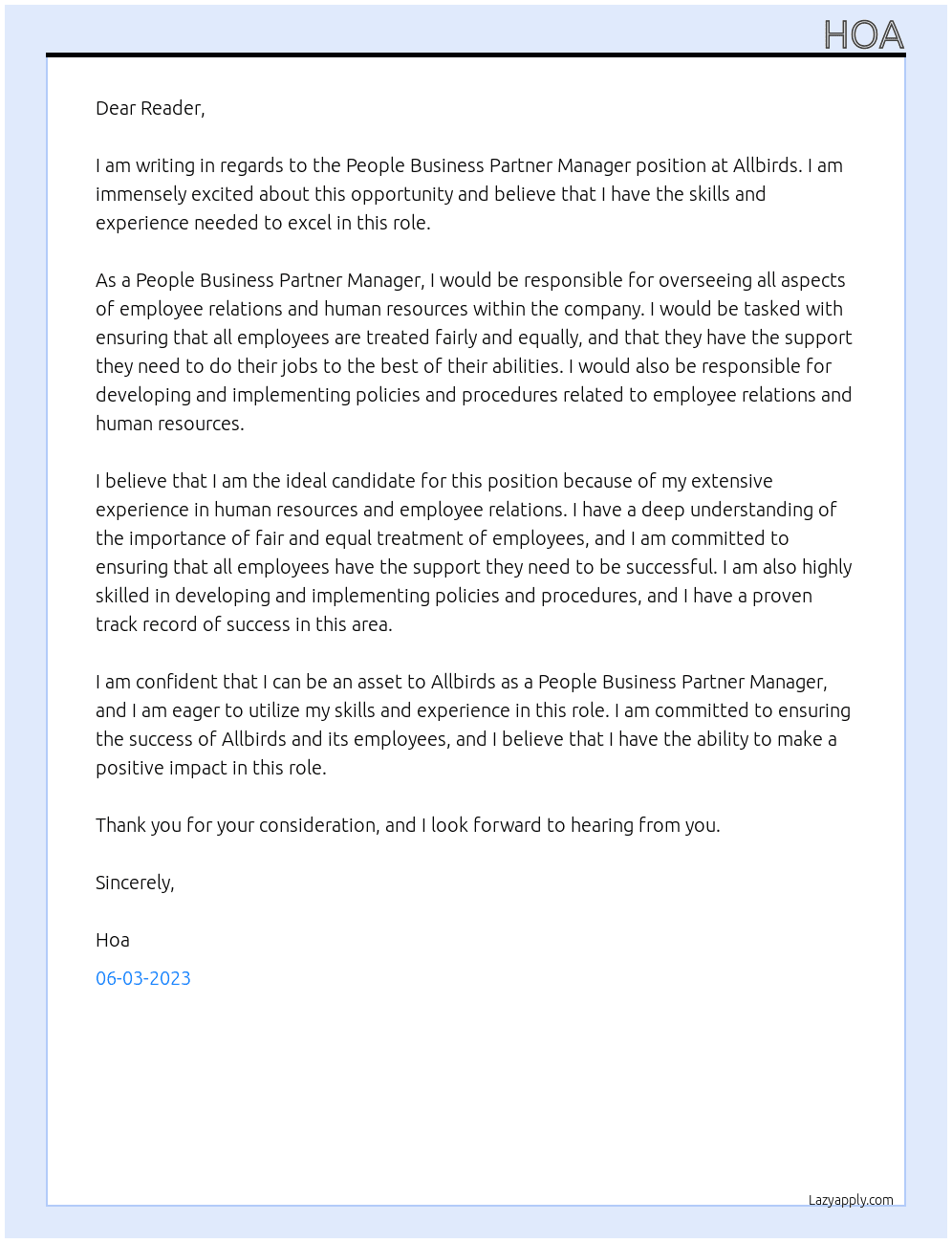 People Business Partner Manager At Allbirds Cover Letter