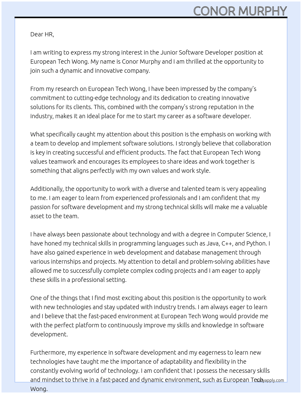 Junior Software Developer At European Tech wong Cover Letter