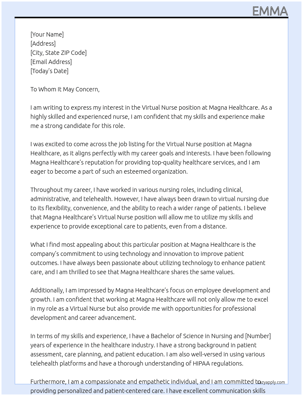 Virtual nurse At Magna healthcare Cover Letter