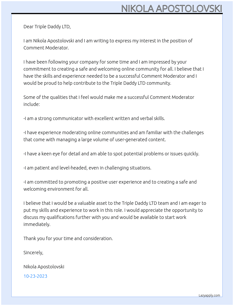 Comment Moderator At Triple Daddy LTD Cover Letter