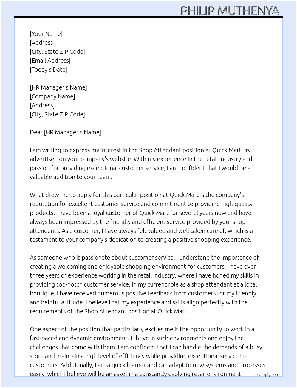 Shop attendant  At Quick Mart  Cover Letter