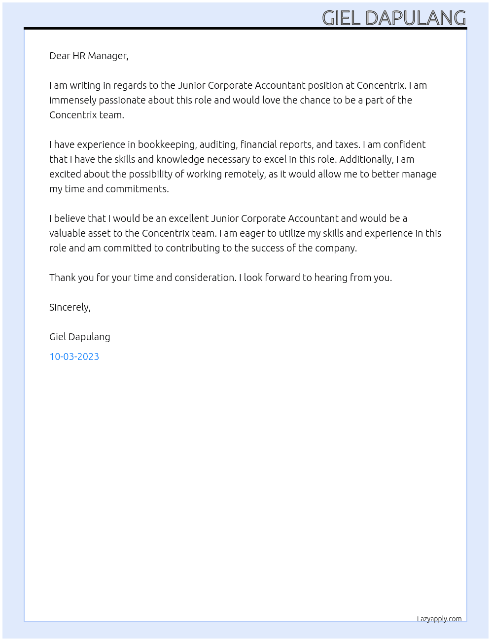 Junior Corporate Accountant At Concentrix Cover Letter