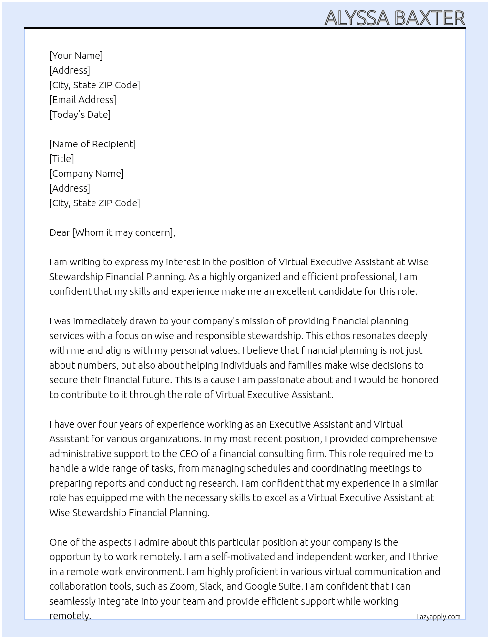 Virtual Executive Assistant At Wise Stewardship Financial Planning Cover Letter