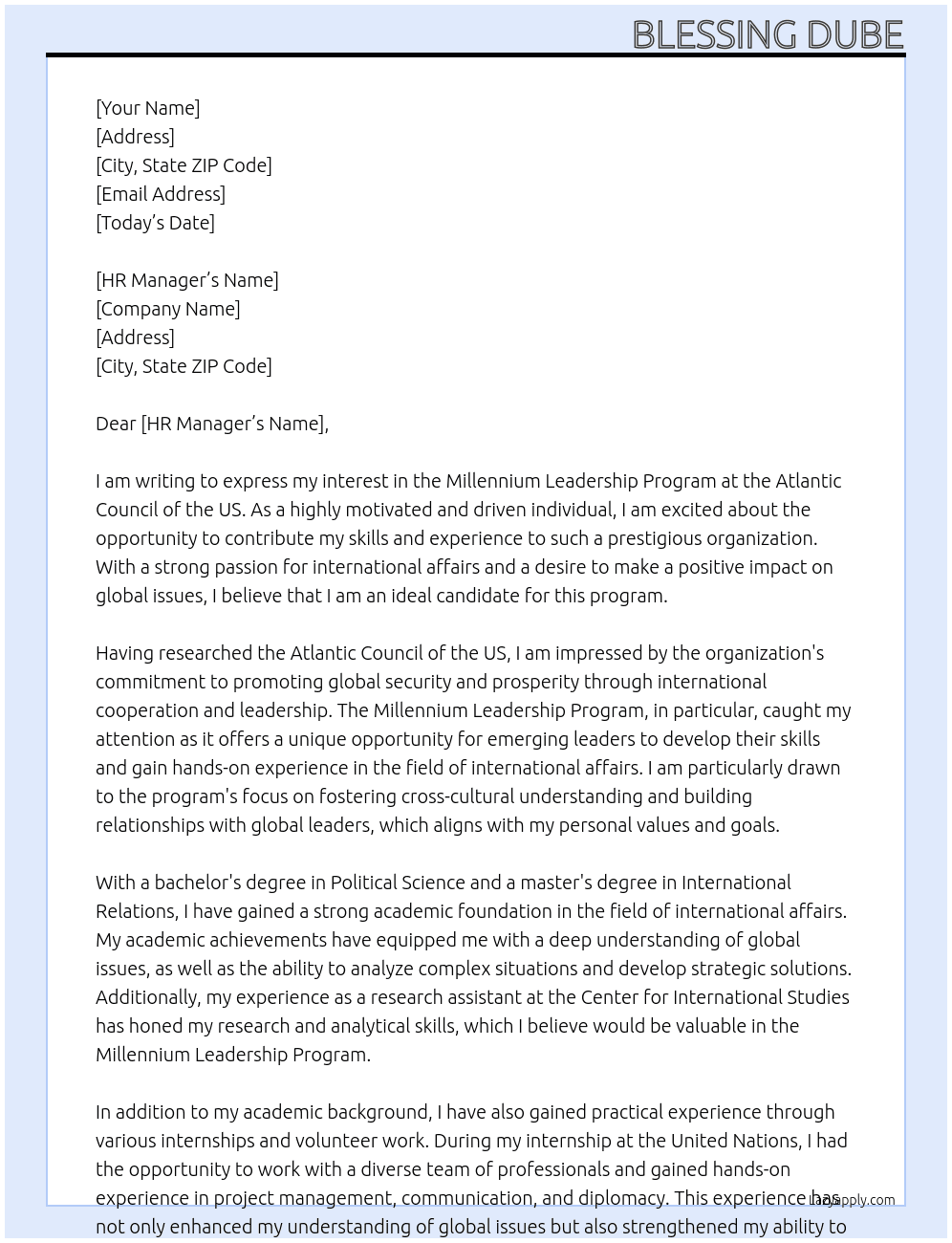 Millennium leadership program At ATLANTIC COUNCIL OF THE US  Cover Letter