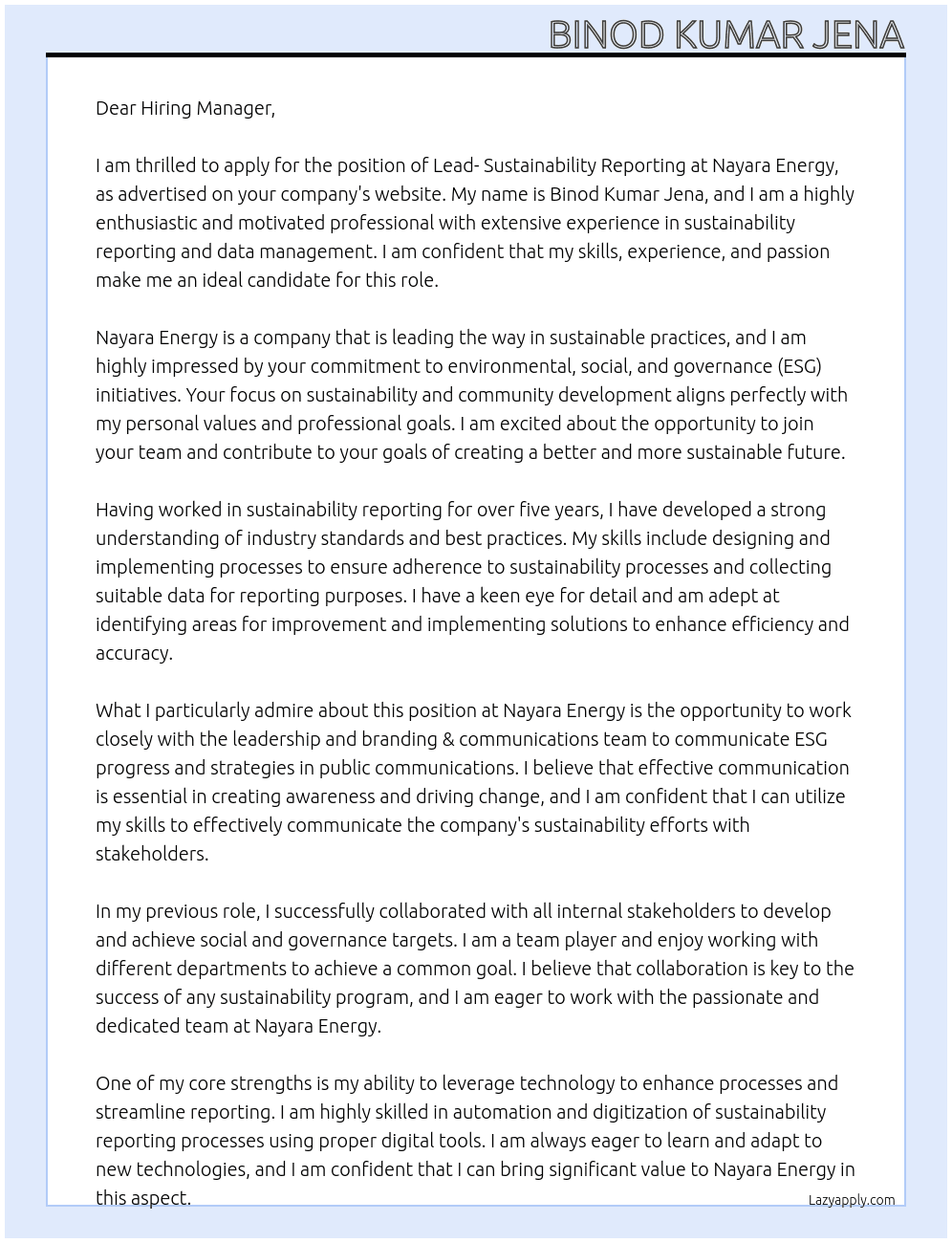Lead- Sustainability Reporting At Nayara Energy Cover Letter