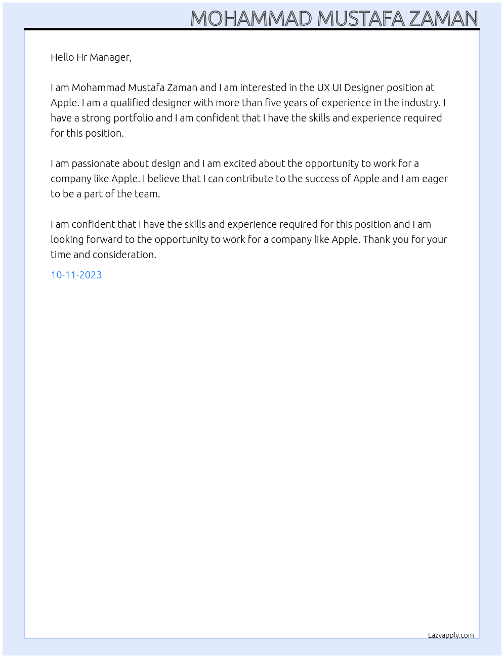 UX UI Designer At Apple Cover Letter
