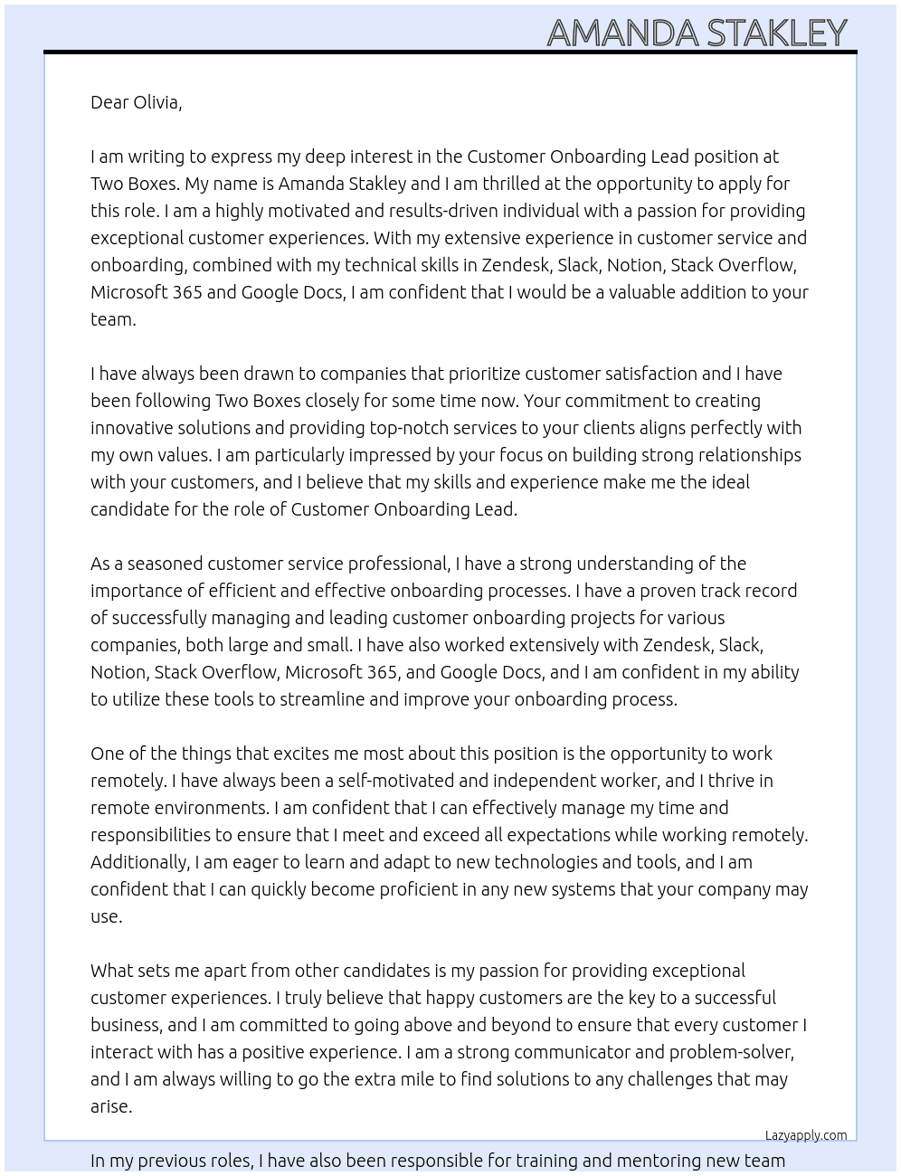 Customer Onboarding Lead At Two Boxes Cover Letter