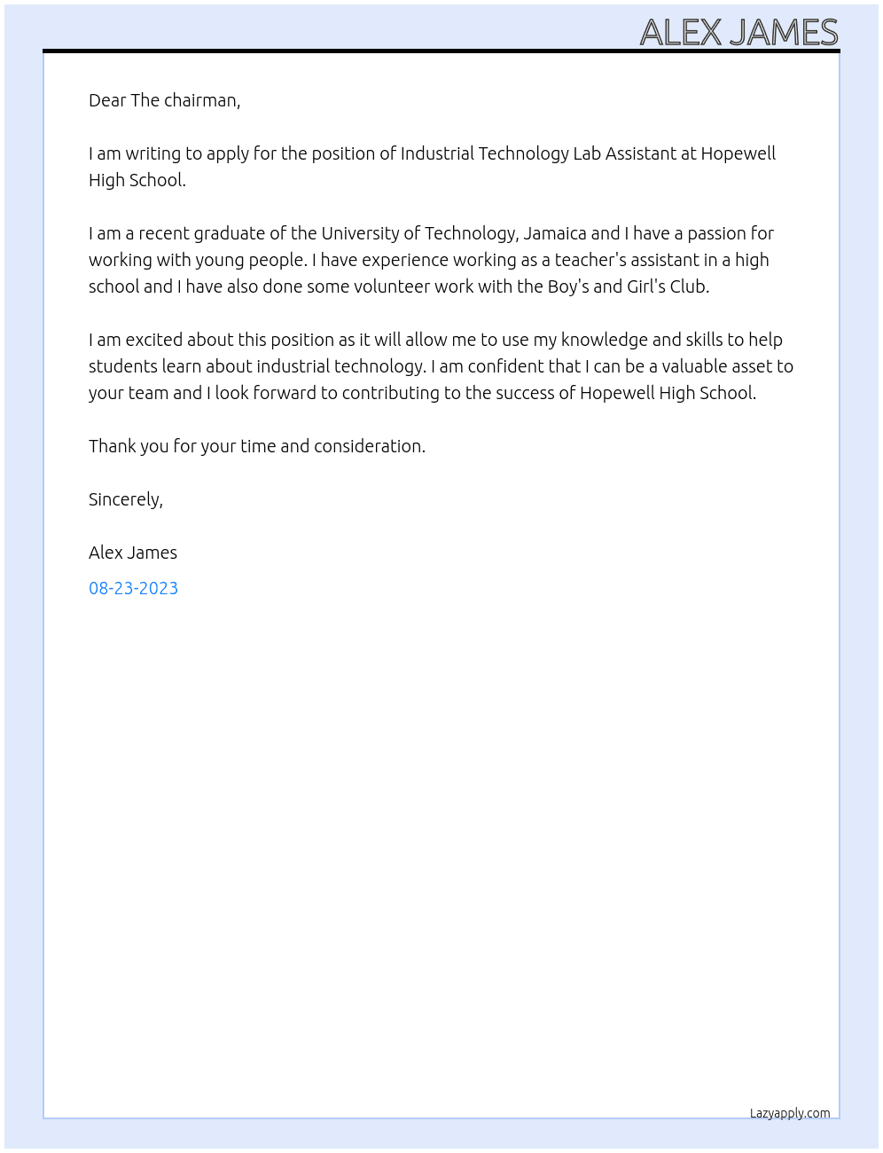 Industrial Technology Lab Assistant  At Hopewell High School Cover Letter