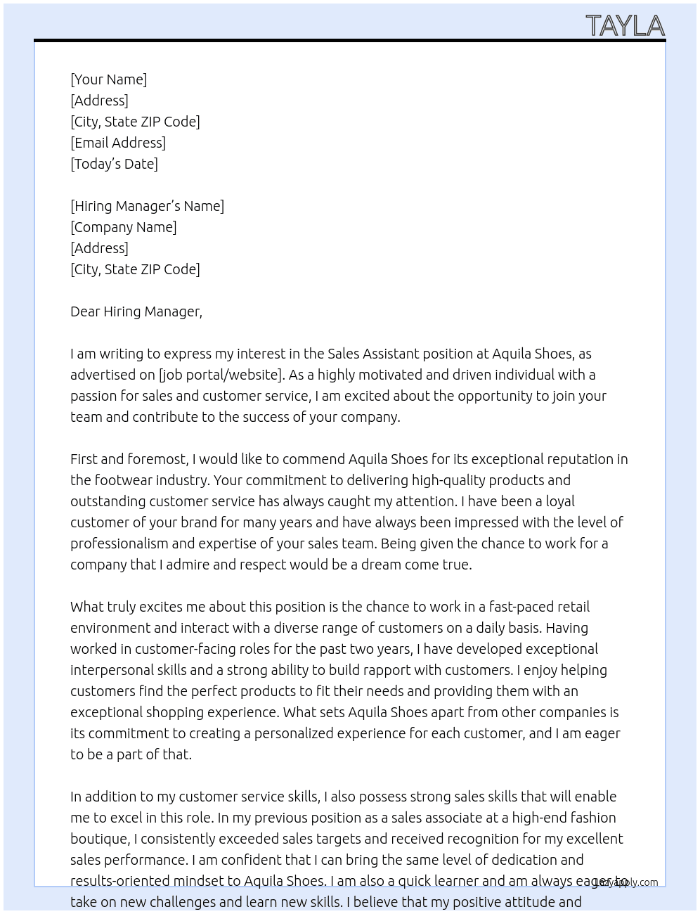 sales assistant At Aquila Shoes Cover Letter