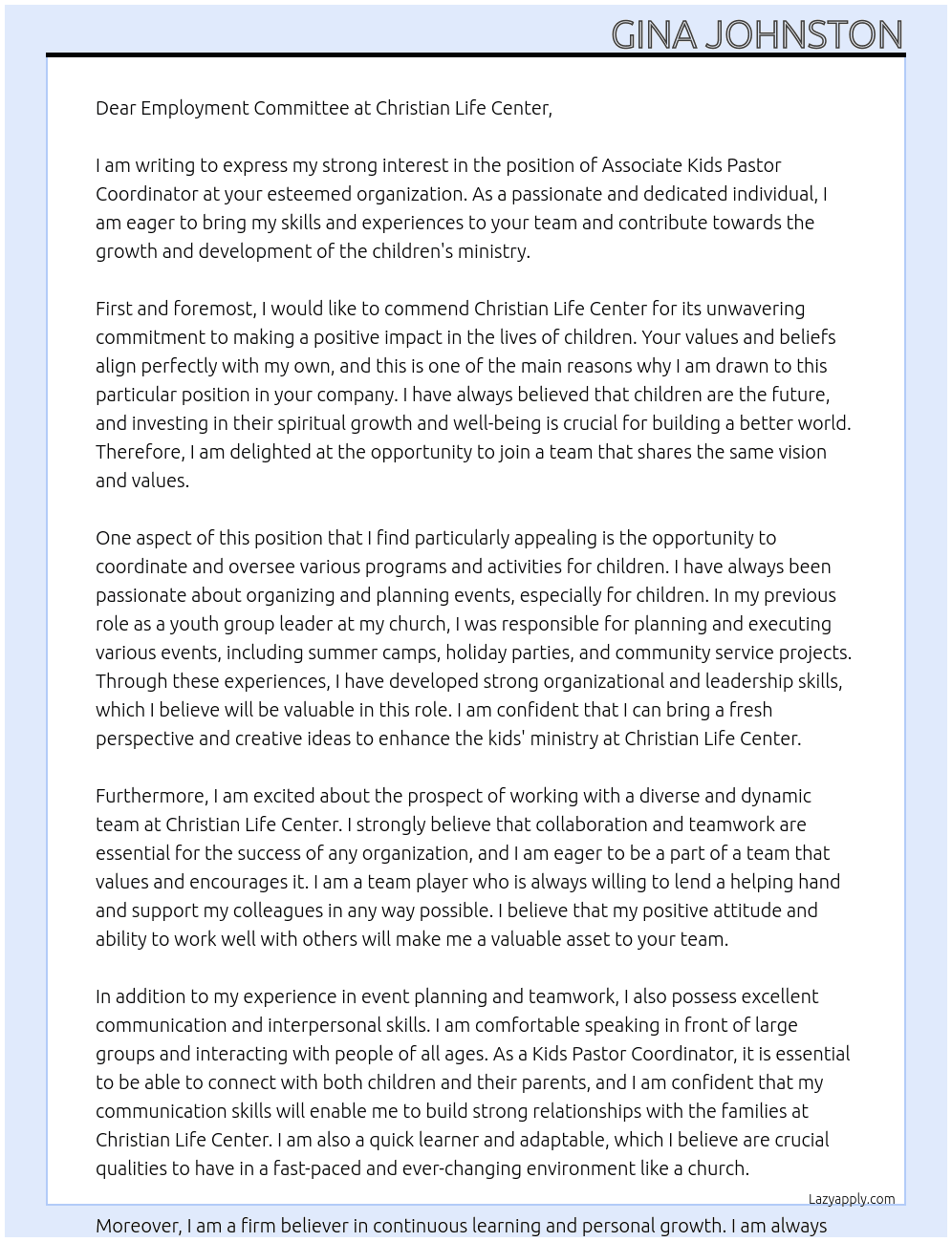 Associate Kids Pastor Coordinator At Christian Life Center Cover Letter