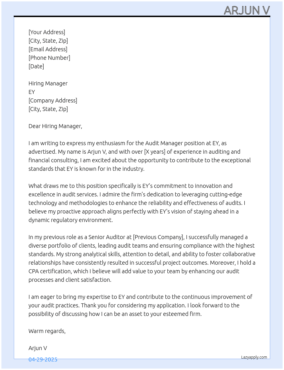 Cover letter for audit manager - LazyApply