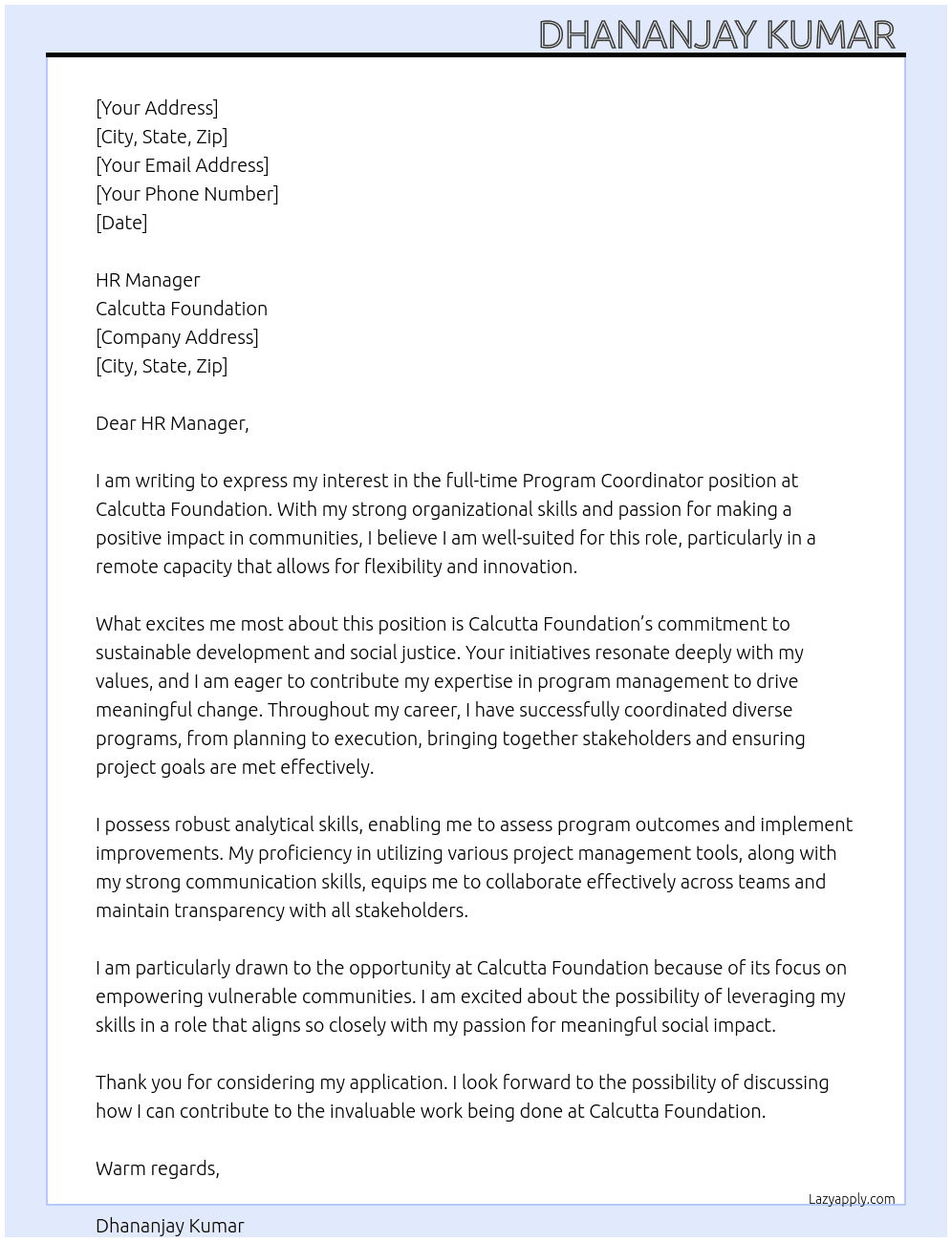 Program coordinator At Calcutta foundation  Cover Letter