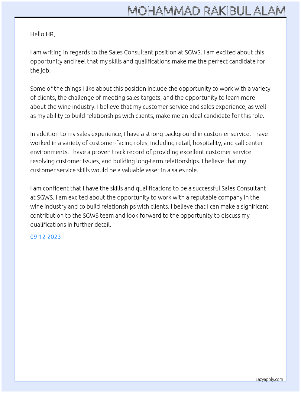 Sales Consultant At SGWS Cover Letter