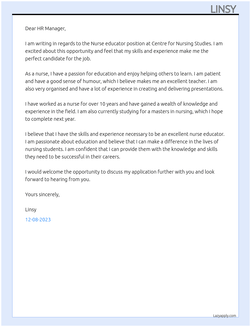 Nurse educator At Centre for Nursing Studies Cover Letter