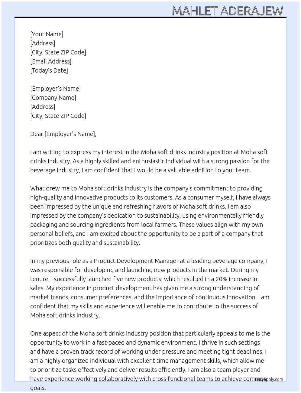 Moha soft drinks industry  At  Moha soft drinks industry  Cover Letter