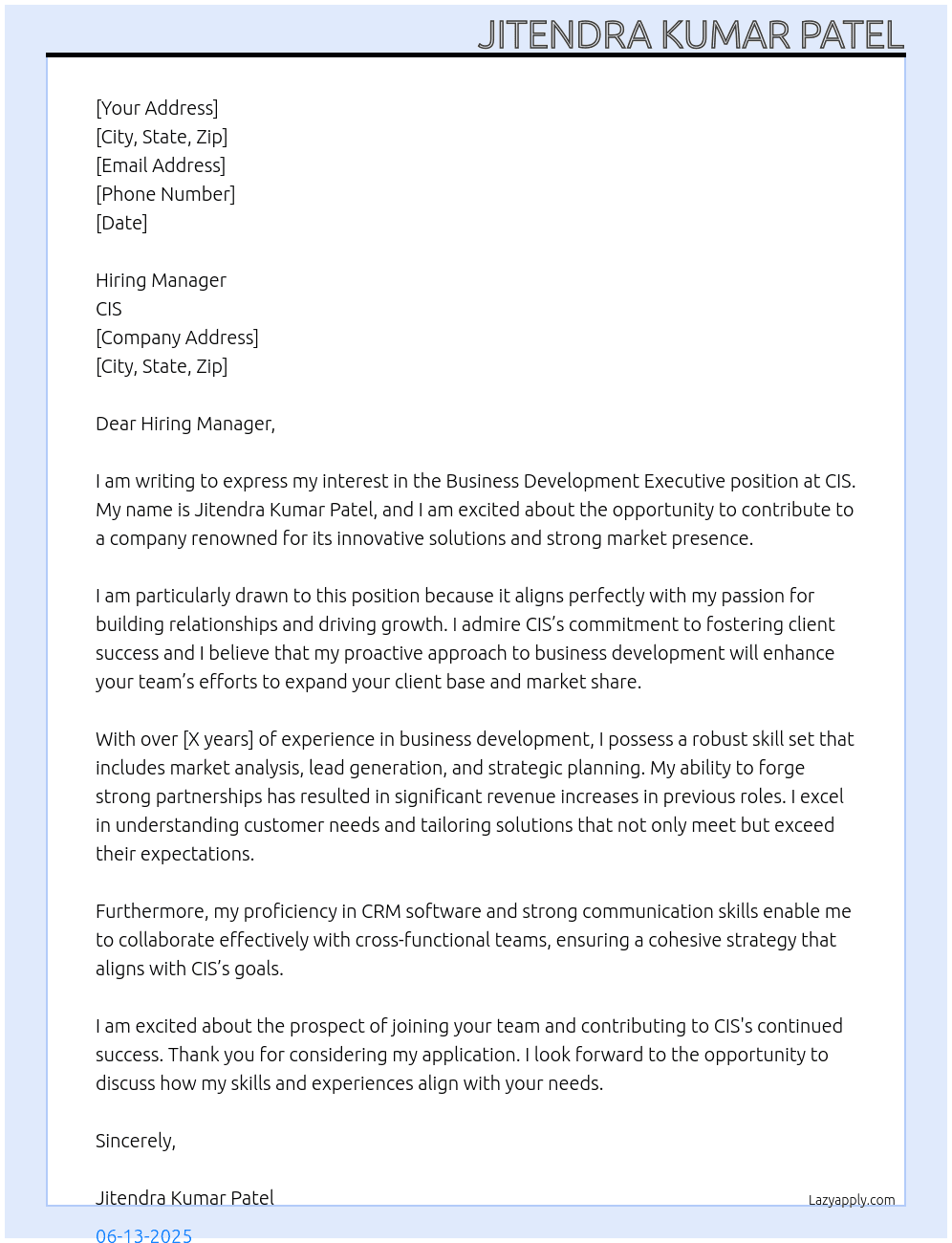 Business Development Executive At CIS Cover Letter