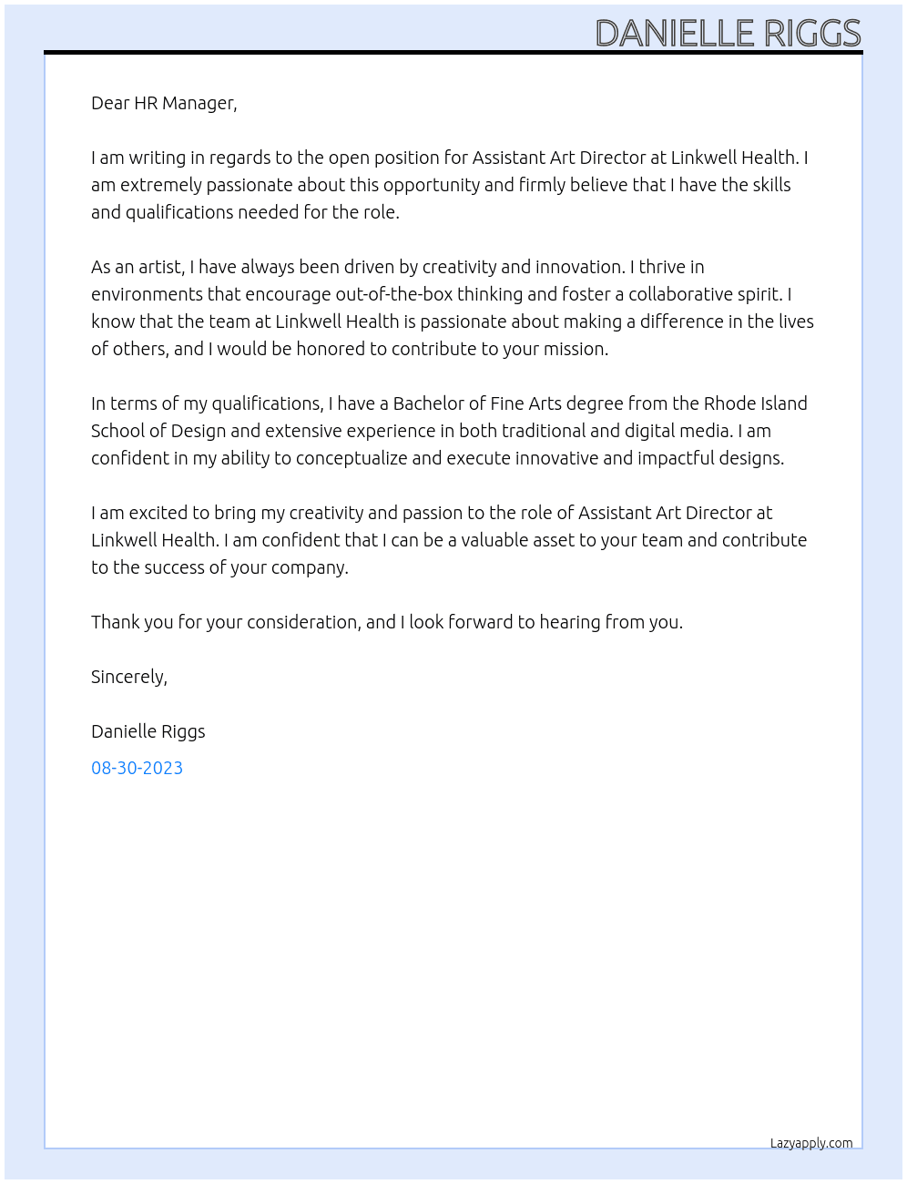 Assistant Art Director At Linkwell Health Cover Letter