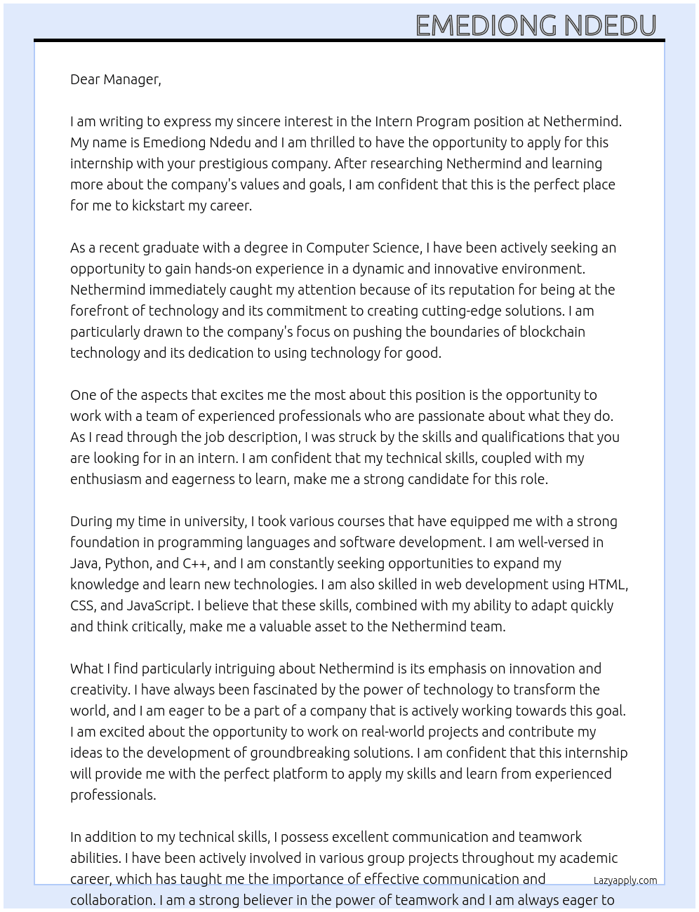 Intern Program  At Nethermind  Cover Letter
