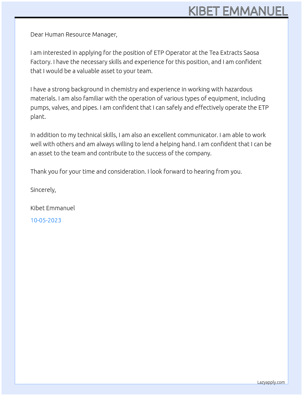 ETP OPERATOR At  Tea Extracts Saosa Factory Cover Letter