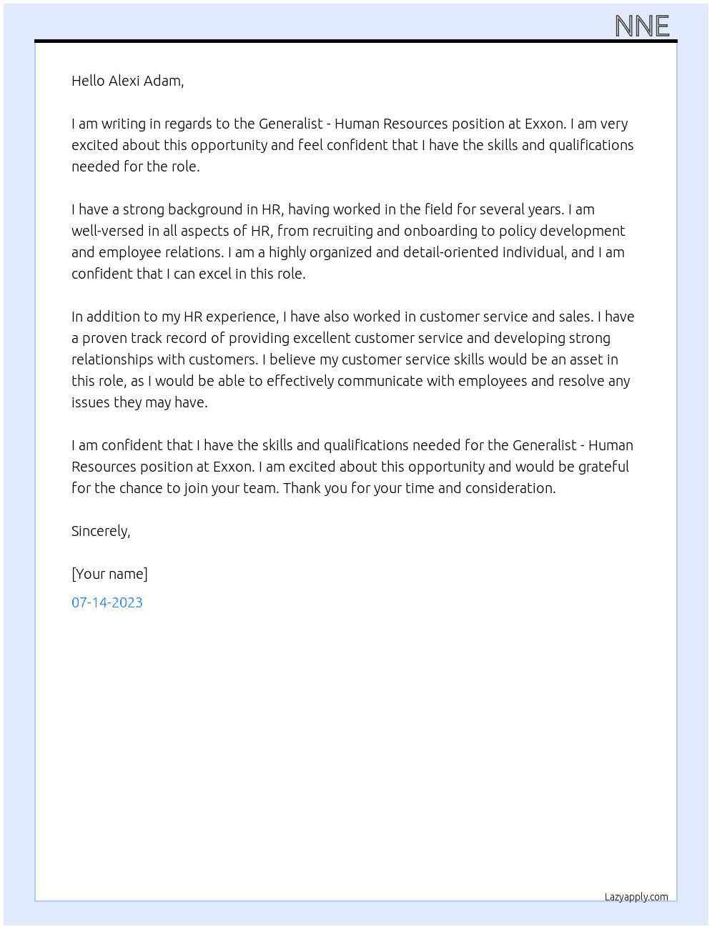 Generalist - Human Resources At exxon Cover Letter