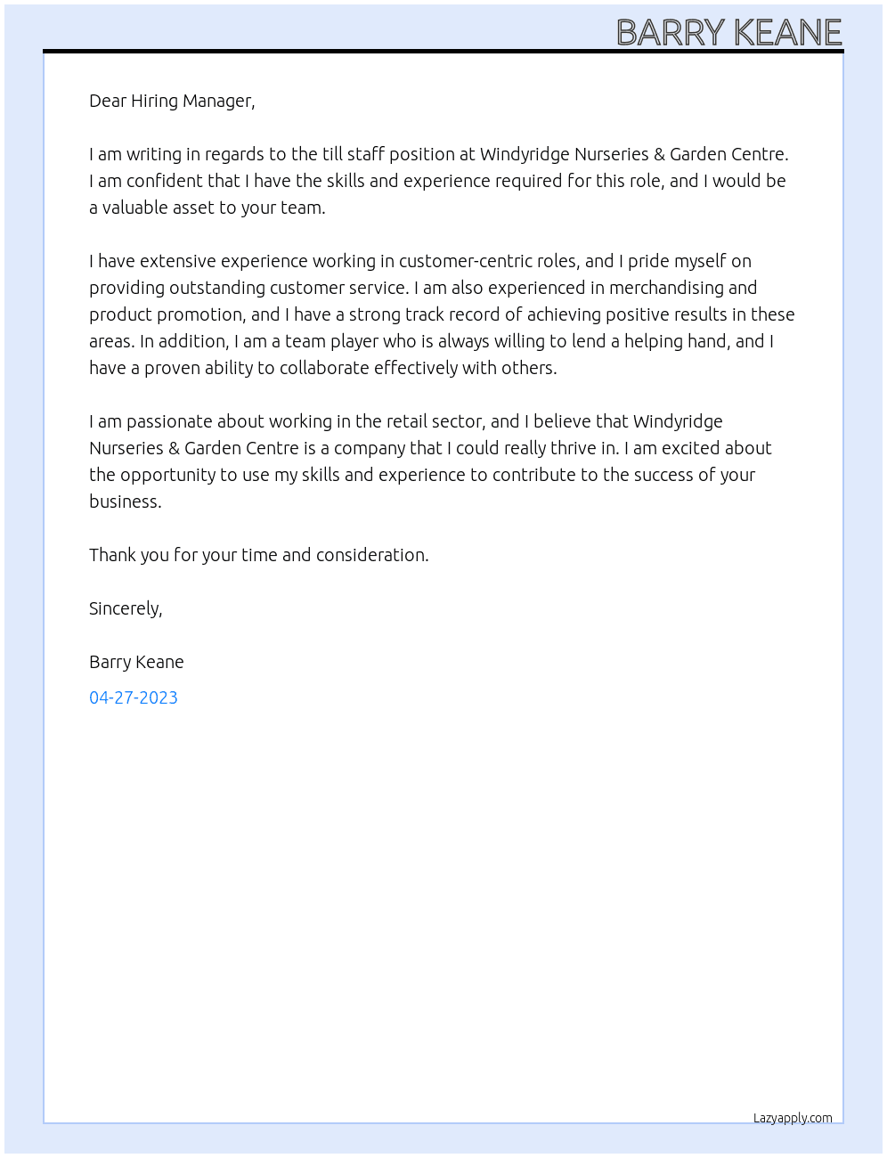 Till staff At Windyridge Nurseries & Garden Centre Cover Letter