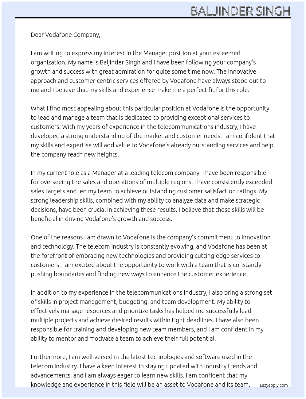Manager  At Vodafone company  Cover Letter