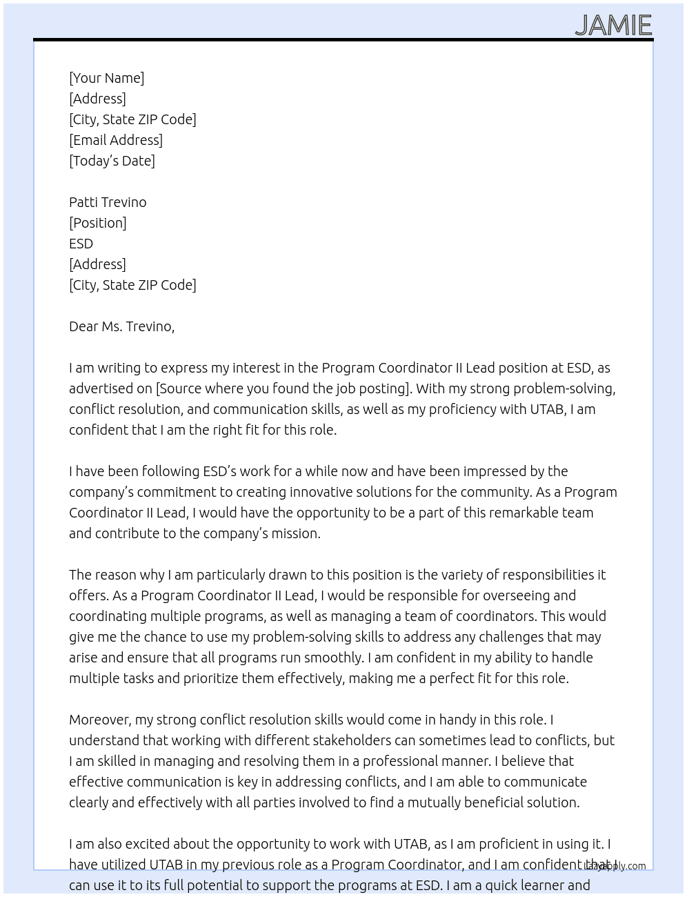 Program Coordinator II Lead At ESD Cover Letter