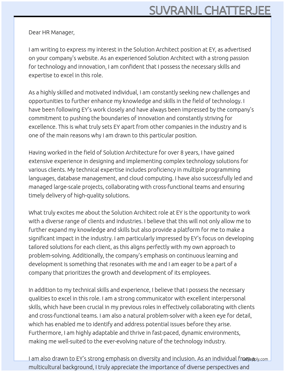 Solution Architect At EY Cover Letter