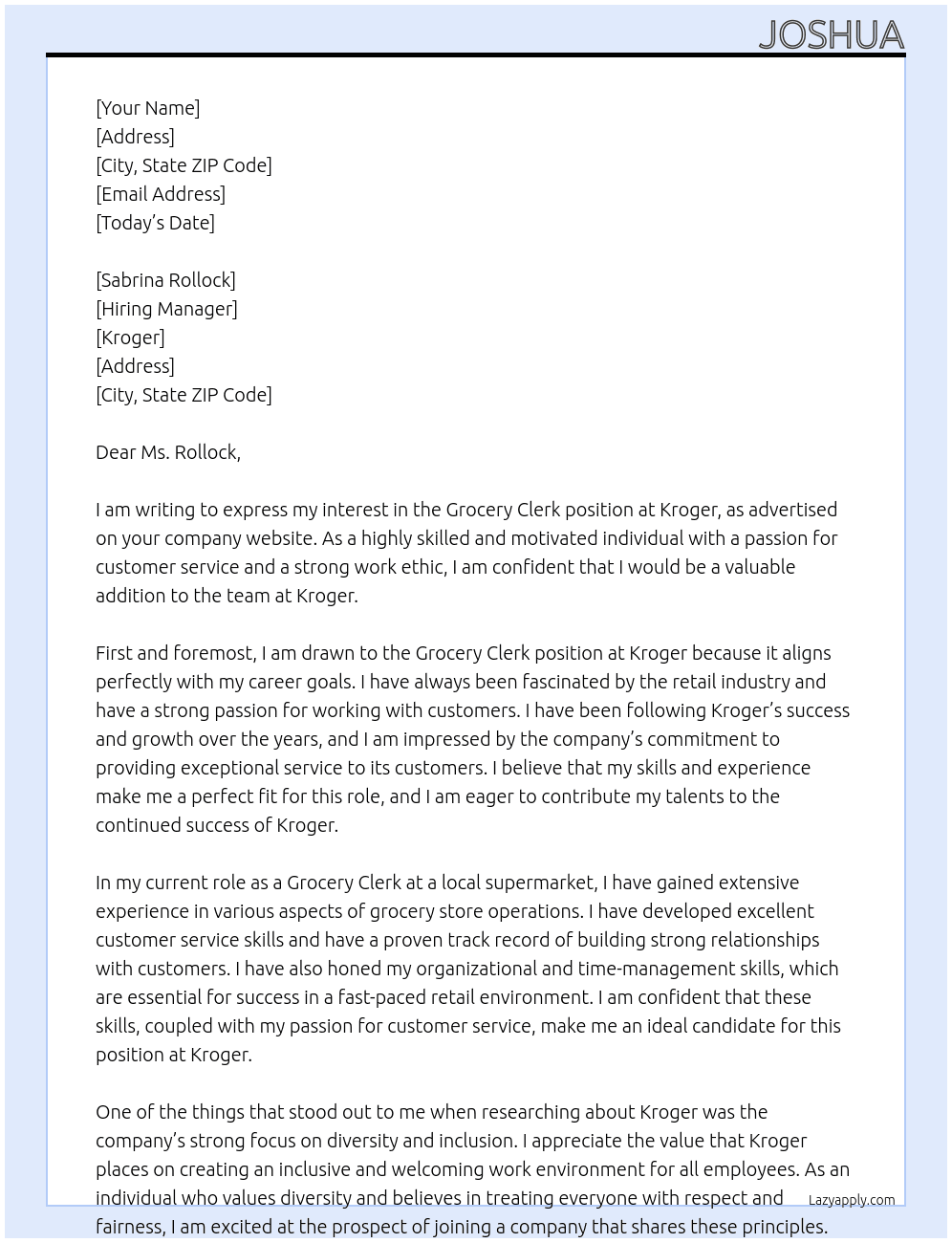 Grocery Clerk At Kroger Cover Letter