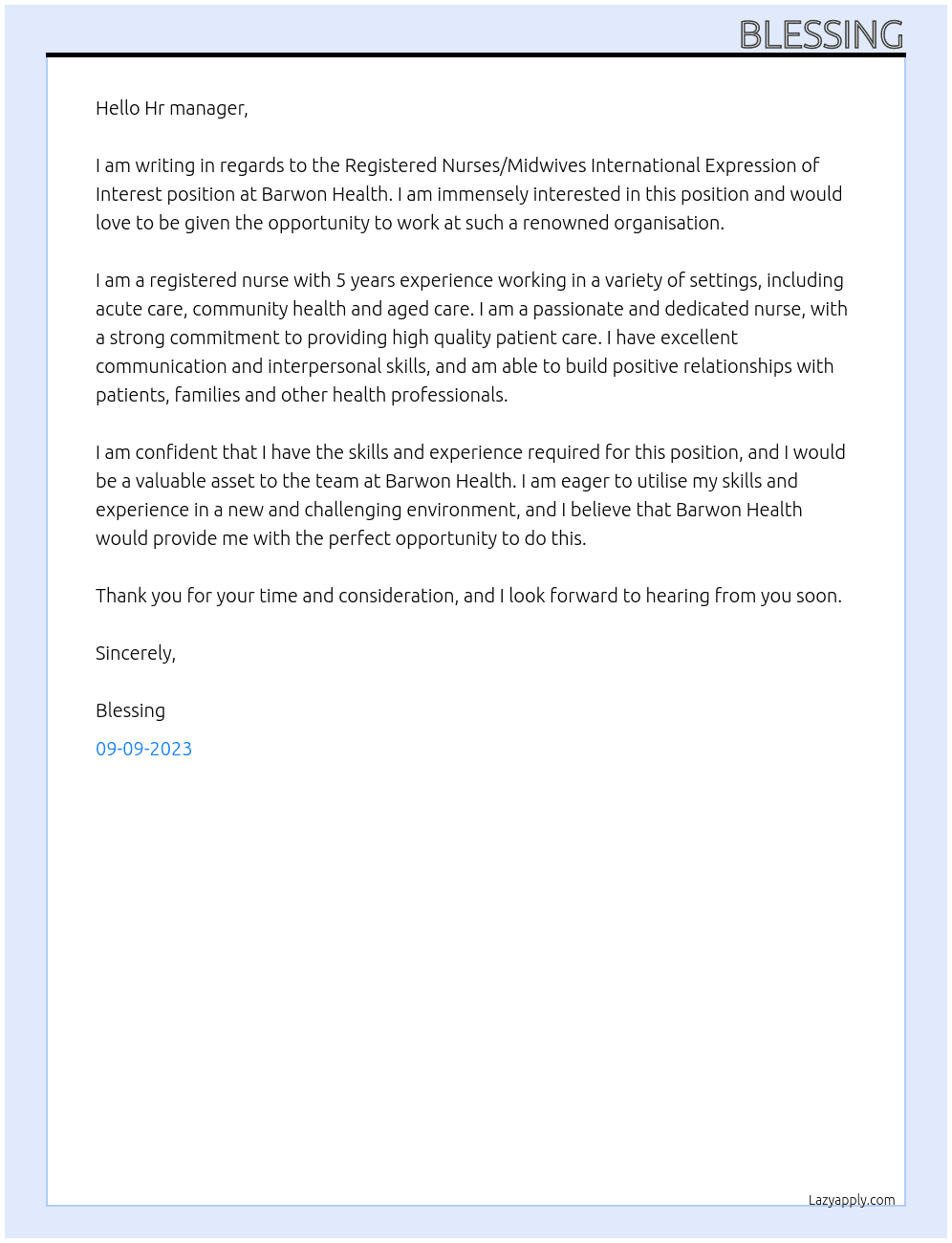 Registered Nurses/Midwives International Expression of Interest At Barwon Health Cover Letter