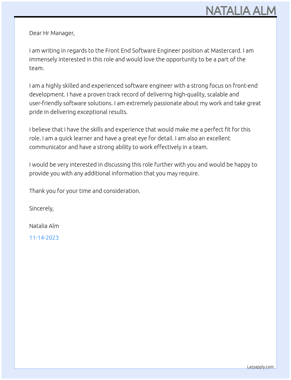 Front End Software Engineer At Mastercard Cover Letter