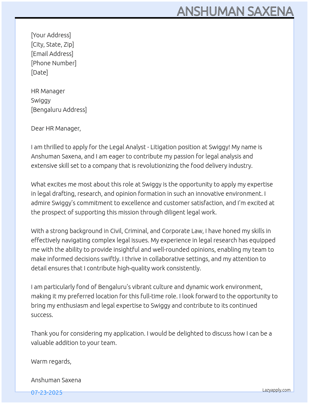 Cover letter for legal analyst - litigation - LazyApply