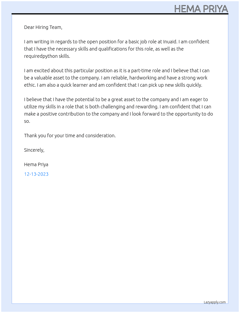 Basic job At Inuaid Cover Letter