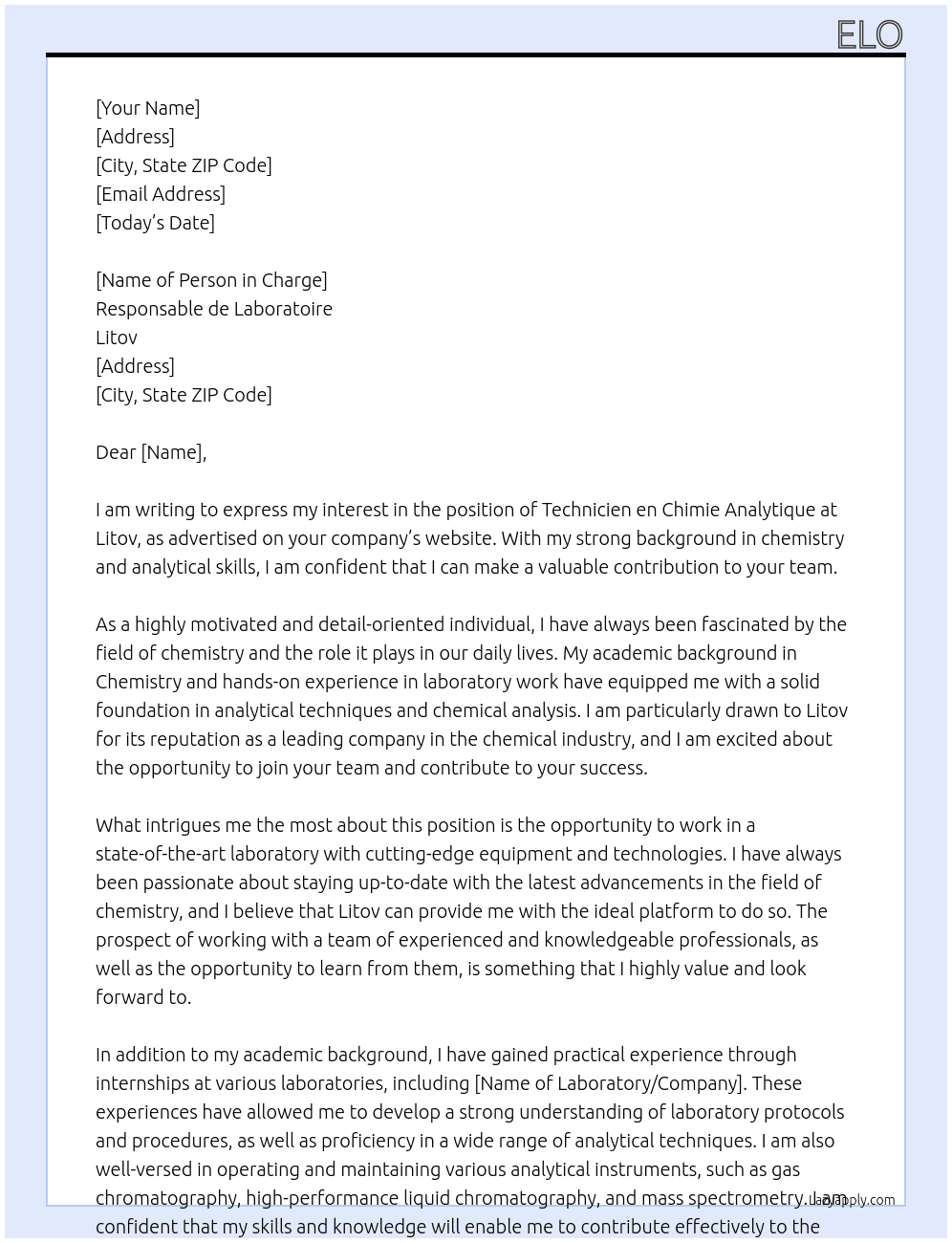 technicien en chimie analytique At Litov Cover Letter