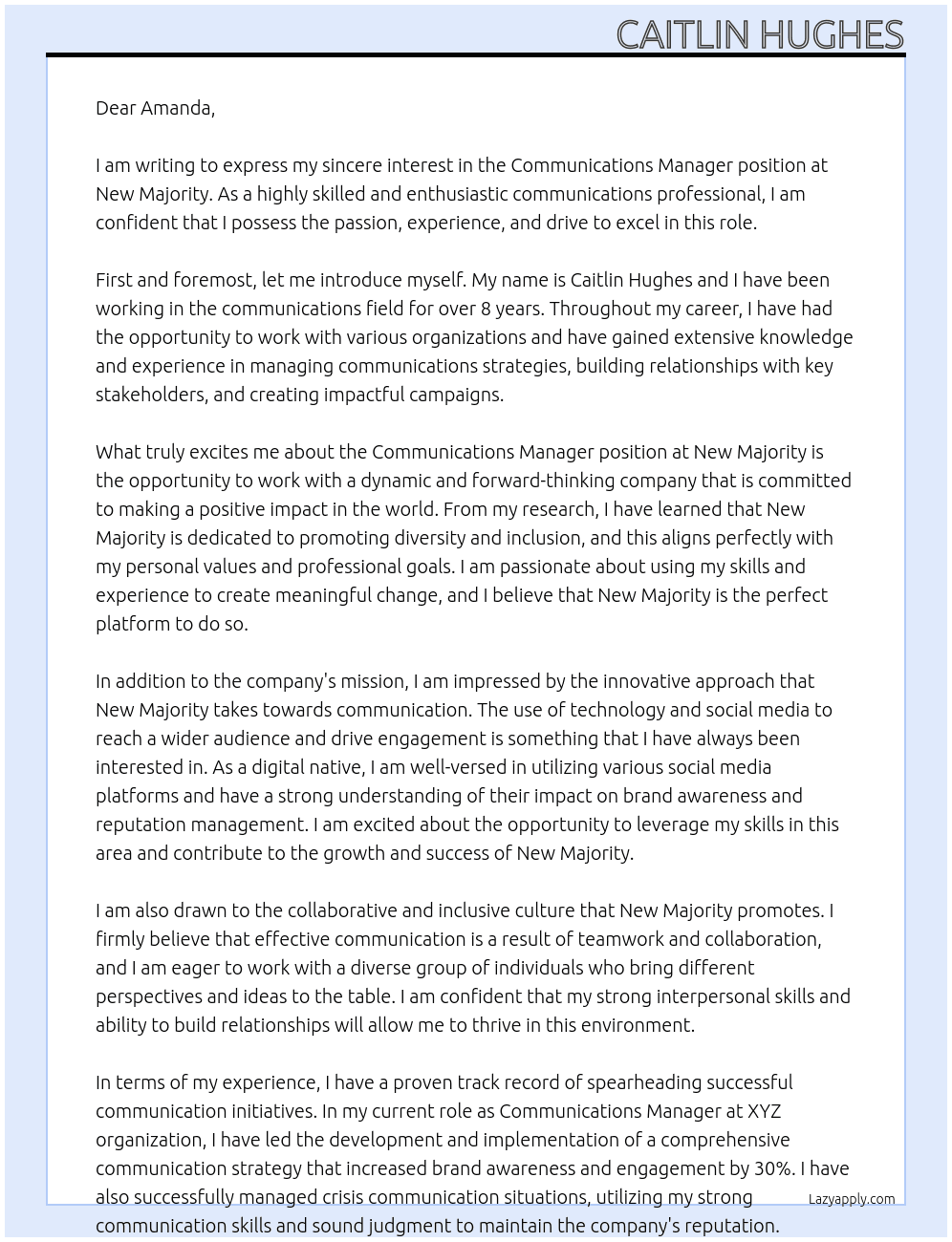 Communications Manager At New Majority Cover Letter