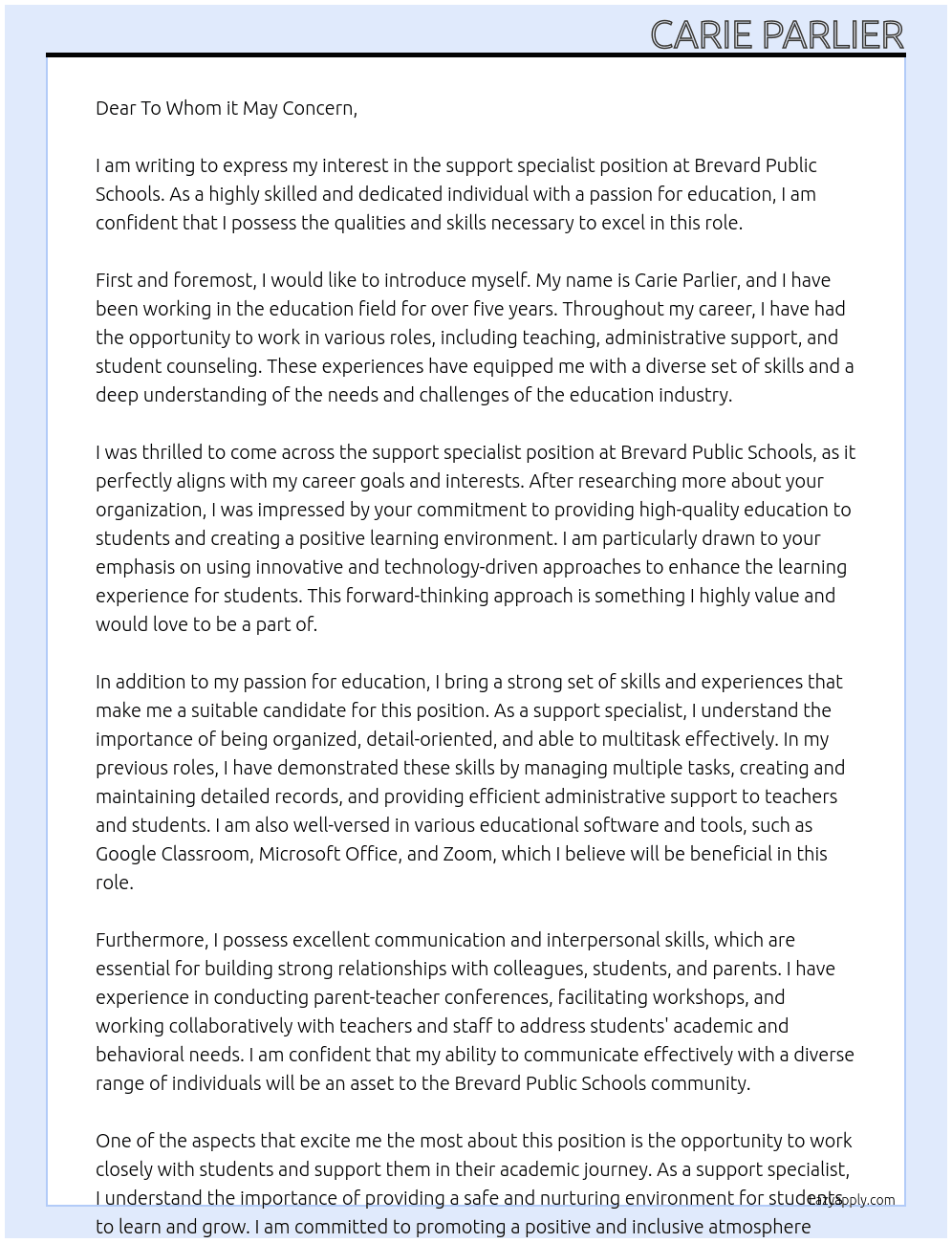 support specialist At Brevard Public Schools Cover Letter