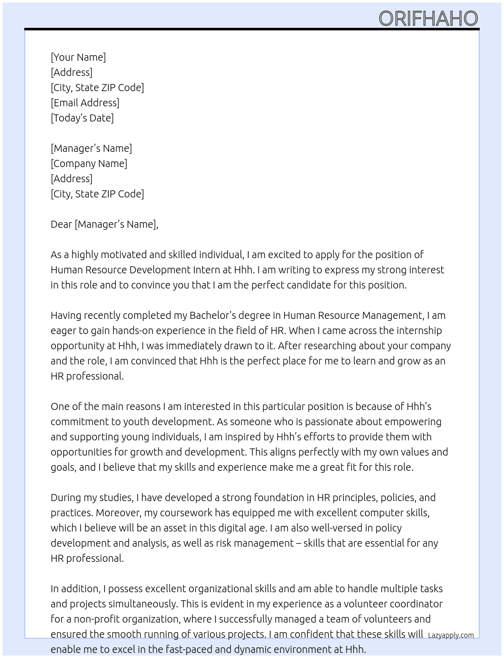 Human Resource Development  At Hhh Cover Letter