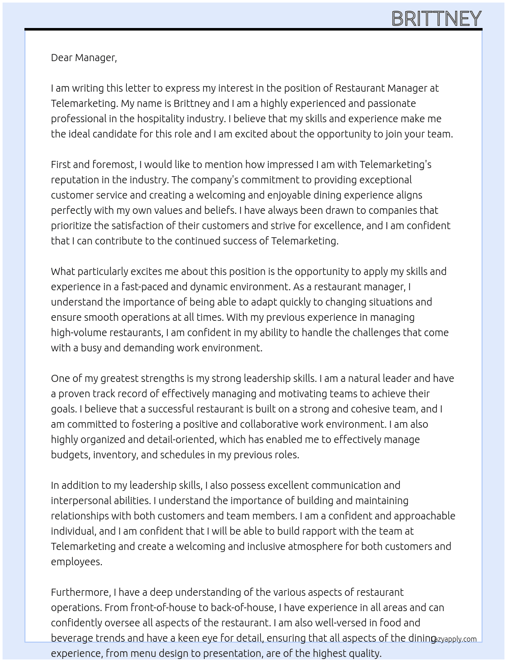 restaurant manager At telemarketing Cover Letter