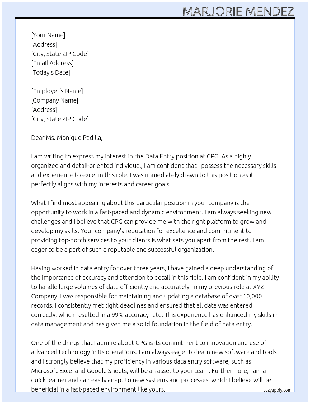 data entry At CPG Cover Letter