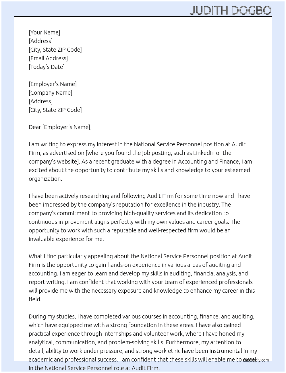 national service personnel At Audit firm Cover Letter