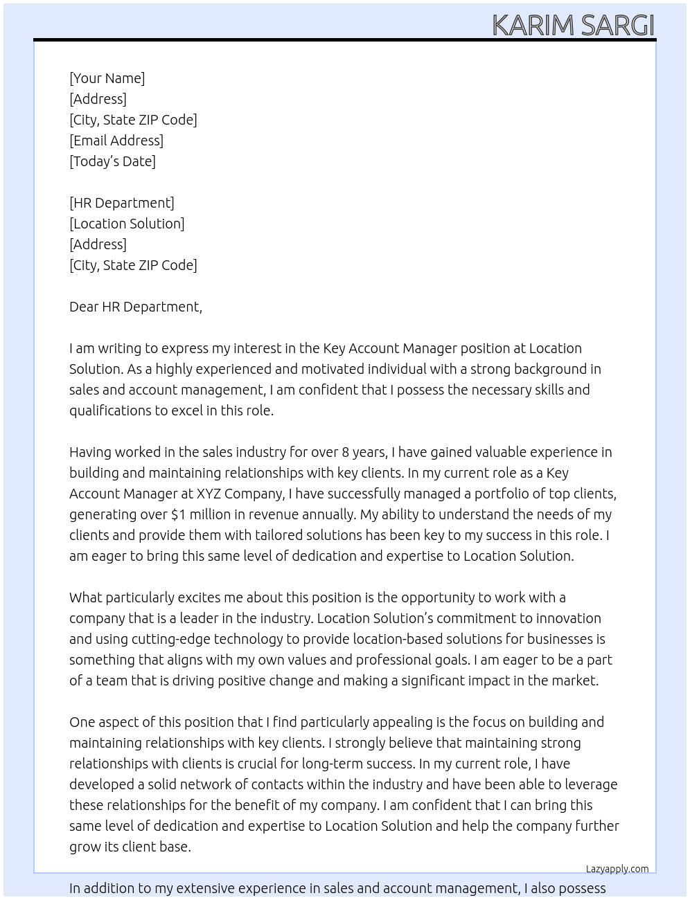 Key Account Manager At Location Solution Cover Letter