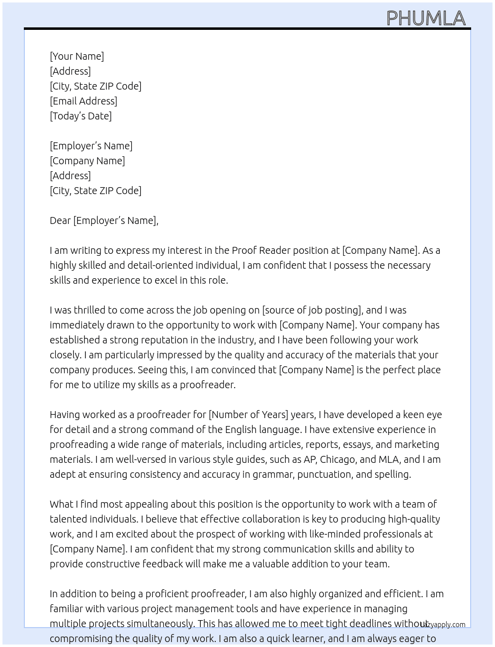 Proof reader  At Individual  Cover Letter
