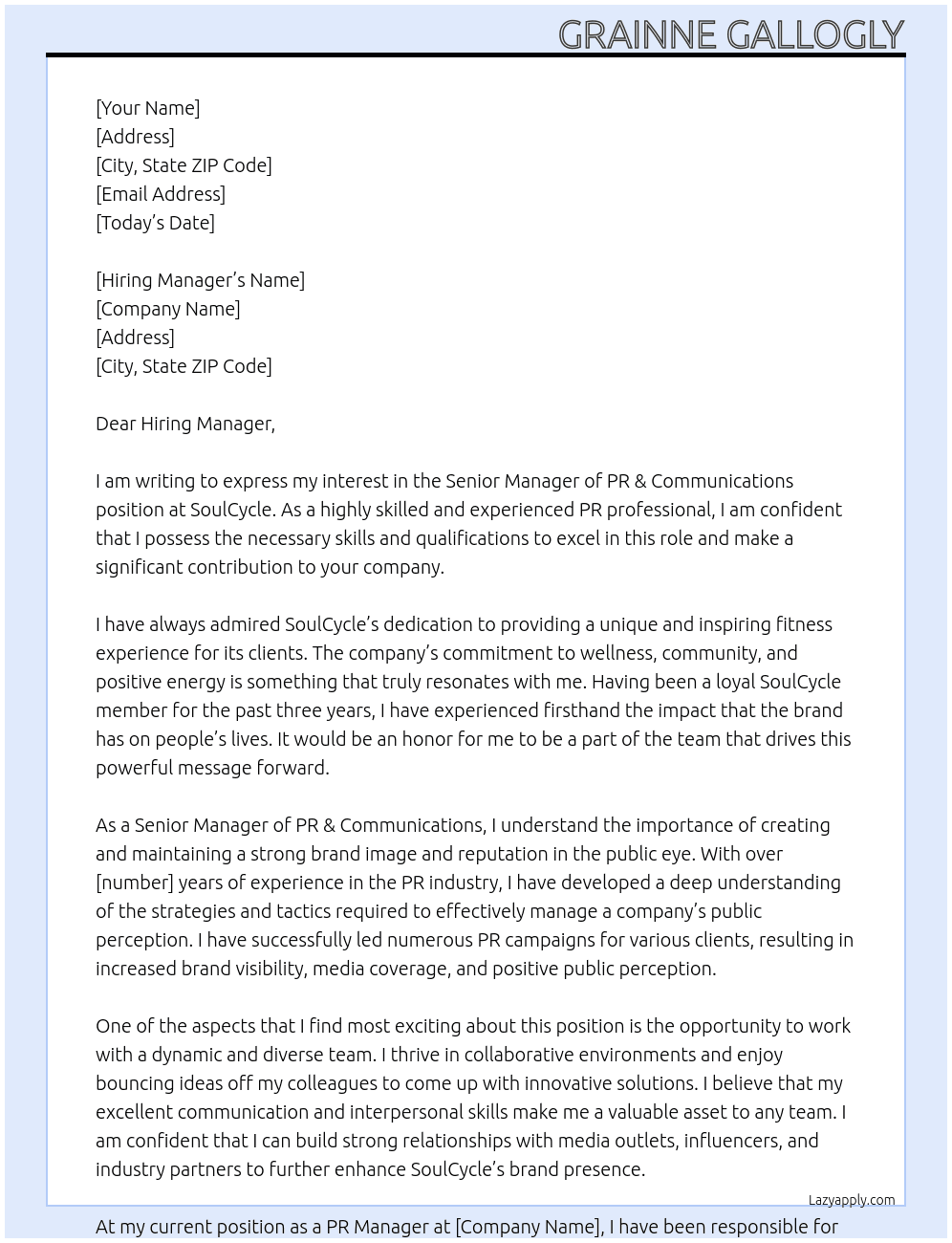 Senior Manager of PR & Communications At SoulCycle Cover Letter