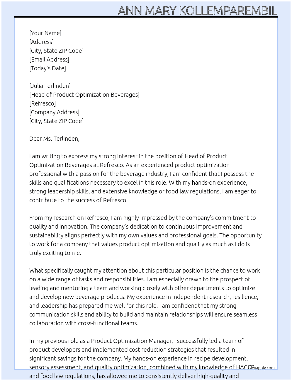 Head of Product Optimization Beverages At Refresco  Cover Letter