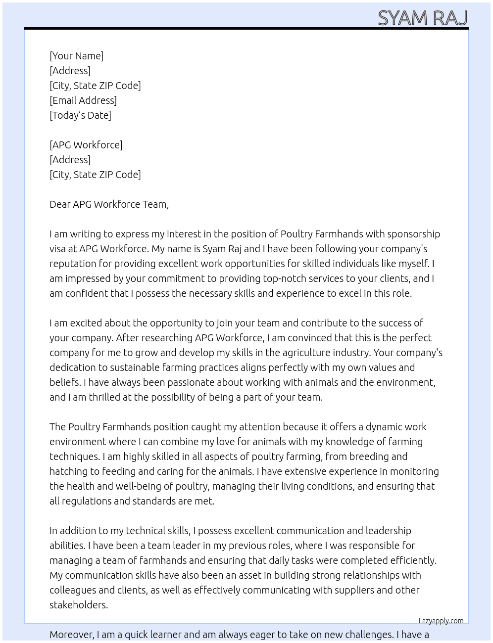 Poultry farmhands, Sponsorship Visa At APG workforce  Cover Letter